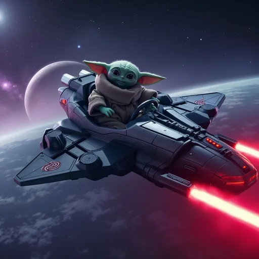 Prompt: High-speed Star Wars podracer, dynamic motion, intense action, futuristic design, sleek aerodynamic shapes, detailed cockpit, vibrant cosmic background filled with stars, neon lights and distant planets, thrilling atmosphere, dramatic colors, capturing speed and energy, ultra-detailed, cinematic quality, exhilarating vibe.