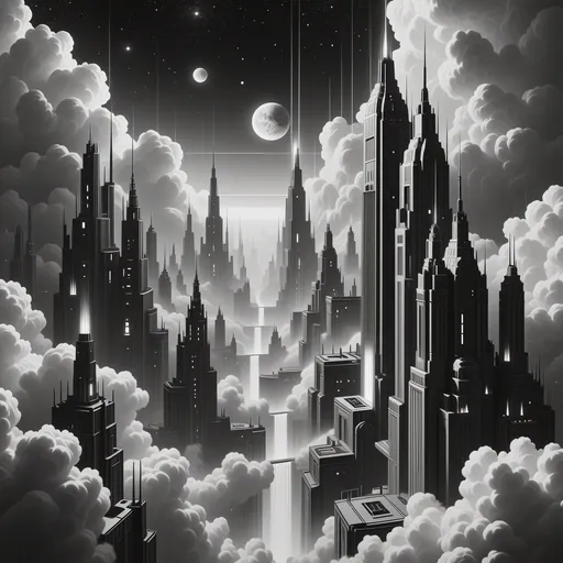 Prompt: Black and white Retro futuristic cityscape, 1910 style, hovering majestically in the night sky, vibrant neon lights illuminating stunning architectural designs. The scene is alive with a sense of wonder and nostalgia, clouds drifting around the soaring buildings, casting dreamy shadows. Cool, vibrant colors with an enchanting glow create an immersive ambiance, ultra-detailed, high-definition.