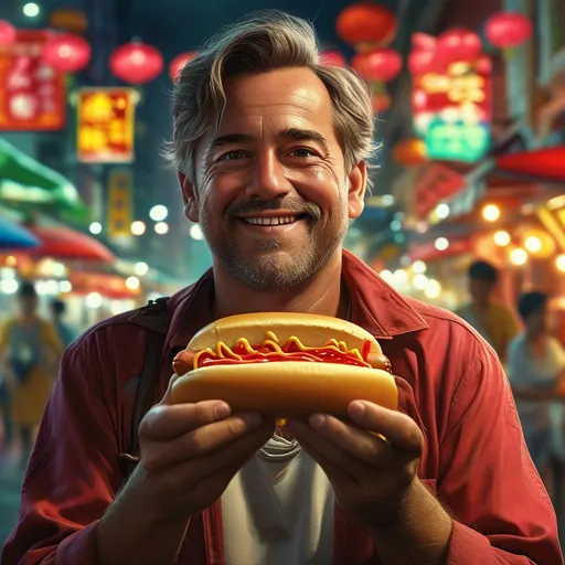 Prompt: (A joyful man holding a hotdog in each hand), bustling Kowloon backdrop, vibrant colors, abundant street life and neon lights, warm lighting casting playful shadows, ultra-detailed realism, capturing an atmosphere of excitement and culinary delight, energetic ambiance, lively street scenes with distinct cultural elements, 4K quality.