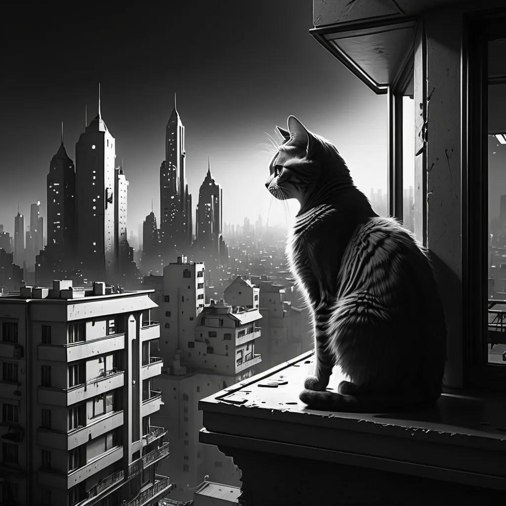 Prompt: Bw First persin view of a Cat in balcony overlooging a  cyberpunk city