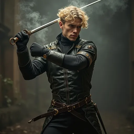 Prompt: (tall, lean, muscular Belgian fencer), (curly blonde hair), (steampunk attire), armed with a rapier, striking a dynamic pose, thoughtful expression, intricate gear details in the attire, dramatic lighting highlighting the metallic textures, gothic elements in the background, atmospheric smoke, moody ambiance, high detail, ultra-detailed, cinematic quality.