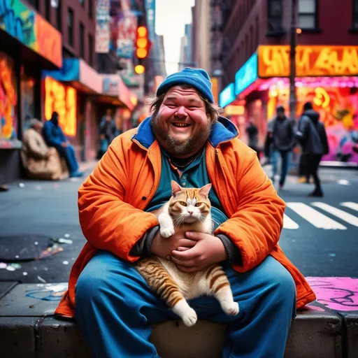 Prompt: A (happy fat homeless man) sitting on a bustling 1980s New York street, cradling a (adorable cat). The scene captures a vibrant urban setting, with graffiti-covered walls and vintage storefronts. Colorful neon lights illuminate the cityscape, creating a lively atmosphere. The mood is cheerful and heartwarming, showcasing a moment of connection and joy amidst the grittiness of the city. High detail, (ultra-detailed), cinematic quality, capturing the essence of 80s nostalgia.