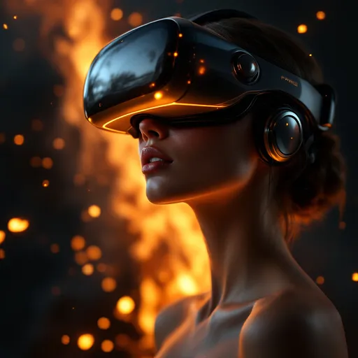 Prompt: A woman wearing a VR helmet, captivated by a mesmerizing fire in the background, ethereal glow reflecting off her helmet. Vivid flames dance, casting shadows, creating an immersive atmosphere. Warm, flickering orange and cool dark hues contrast against her silhouette. High detail, photorealistic depiction, capturing the blend of technology and primal nature. Cinematic quality, intense gaze, inviting a sense of wonder and curiosity.