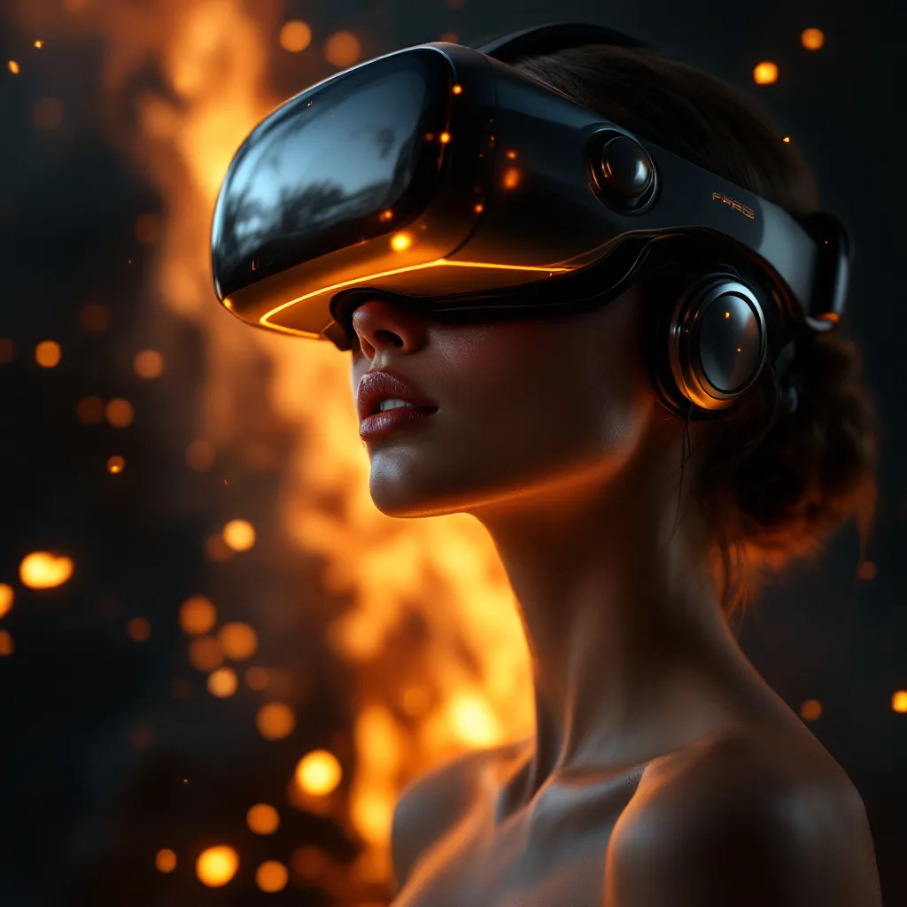 Prompt: A woman wearing a VR helmet, captivated by a mesmerizing fire in the background, ethereal glow reflecting off her helmet. Vivid flames dance, casting shadows, creating an immersive atmosphere. Warm, flickering orange and cool dark hues contrast against her silhouette. High detail, photorealistic depiction, capturing the blend of technology and primal nature. Cinematic quality, intense gaze, inviting a sense of wonder and curiosity.