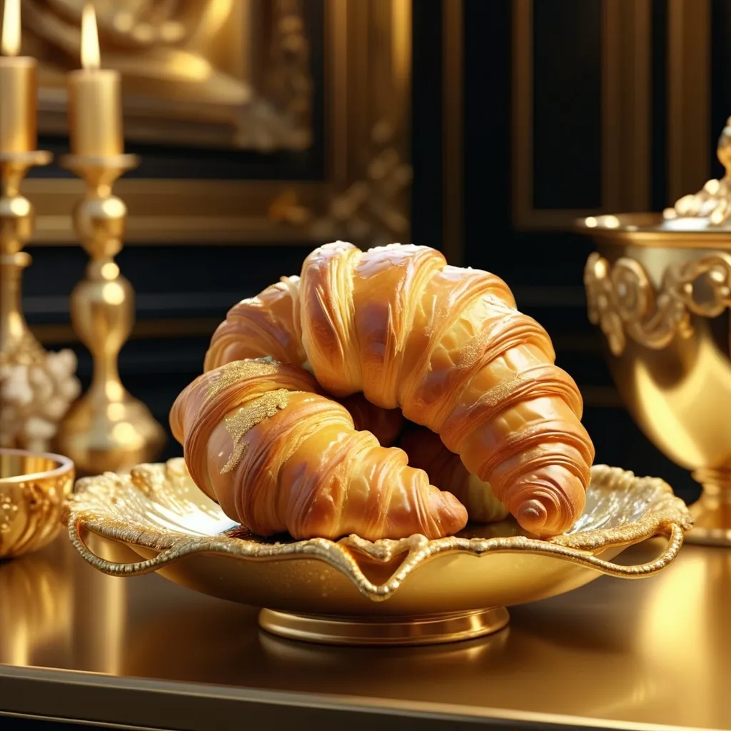 Prompt: (4K), photorealistic, a croissant (dipped in shimmering gold), next to an extravagant (luxurious gold bowl), opulent setting, rich textures, glossy surfaces, warm lighting that highlights the golden hues, inviting ambiance, delicious detail, artsy presentation, gourmet food styling, decadent and fine dining atmosphere.