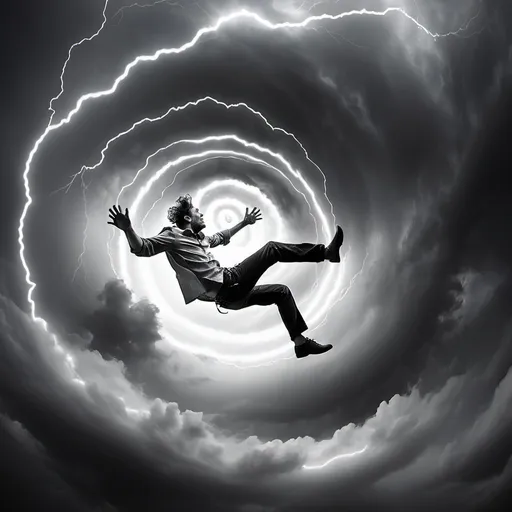 Prompt: Bw a man falling in a spiral in the stormy thunder clouds, epic artistic