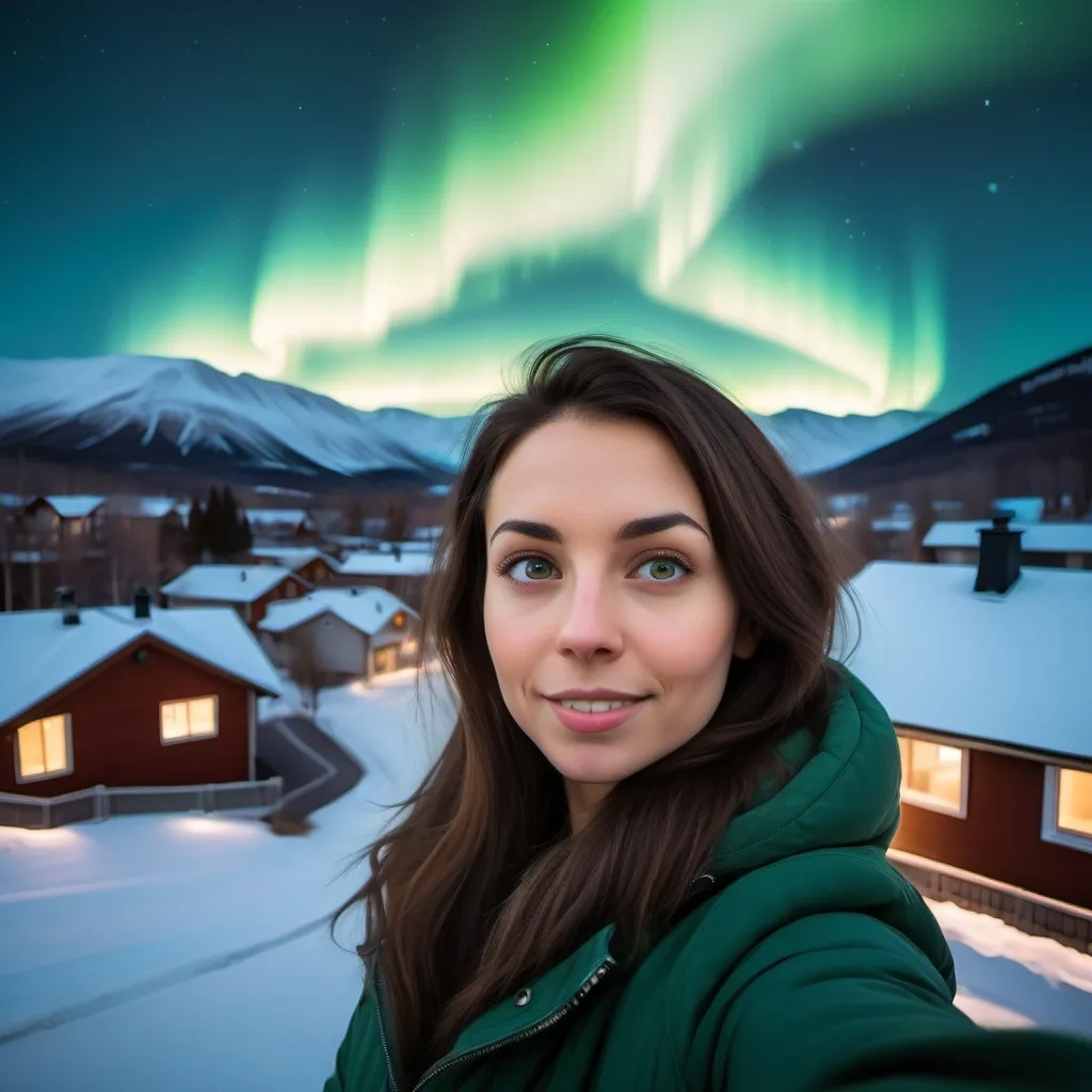 Prompt: Selfie of a brunette woman in quiet mountain neighborhood, aurora borealis in the sky