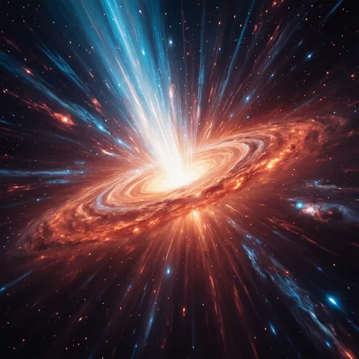 Prompt: gamma ray burst emerging from a dying star, vivid cosmic explosion, stunning celestial colors, radiant blues and fiery reds, deep space backdrop with swirling galaxies, dramatic lighting illuminating the star's remnants, dynamic energy outflows, ethereal atmosphere, high-resolution, ultra-detailed cosmic scene.