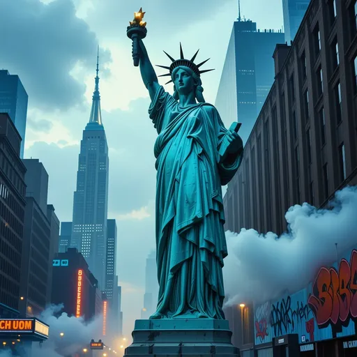 Prompt: (statue of liberty), a male figure embodying the spirit of freedom, stands tall amidst the gritty darkness of 1980s New York City, urban landscape, towering skyscrapers, graffiti-laden walls, steam rising from manholes, moody shadows, neon glow, vibrant atmosphere, (dramatic lighting), captivating details, (highly detailed), (high-quality), evocative ambiance, (dimly lit), rich textures.