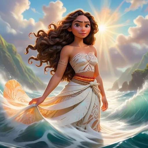 Prompt: Moana dressed in (ethereal clouds) gliding through shimmering water, (dreamy atmosphere), surrounded by a mesmerizing landscape of the ocean waves reflecting sunlight, capturing the essence of adventure and nature, (vibrant colors), ultra-detailed, high-quality, (serene and whimsical) mood, showcasing her connection with the elements in a mystical ambiance.