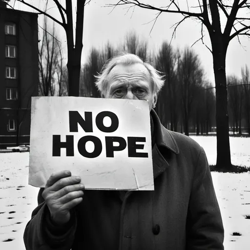 Prompt: Bw grainy Selfie of A sad old man holding a "NO HOPE" sign in a dark gritty soviet brutalist city park winter