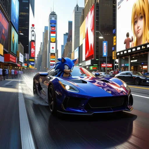 Prompt: (Sonic and Shadow in high-speed chase), dynamic action scene, vibrant colors, (fast-paced motion), bustling Times Square background, neon lights illuminating the surroundings, dramatic perspective showcasing speed, excited bystander reactions, details on iconic billboards, ultramodern art style, (4K resolution), immersive atmosphere of adrenaline and thrill.