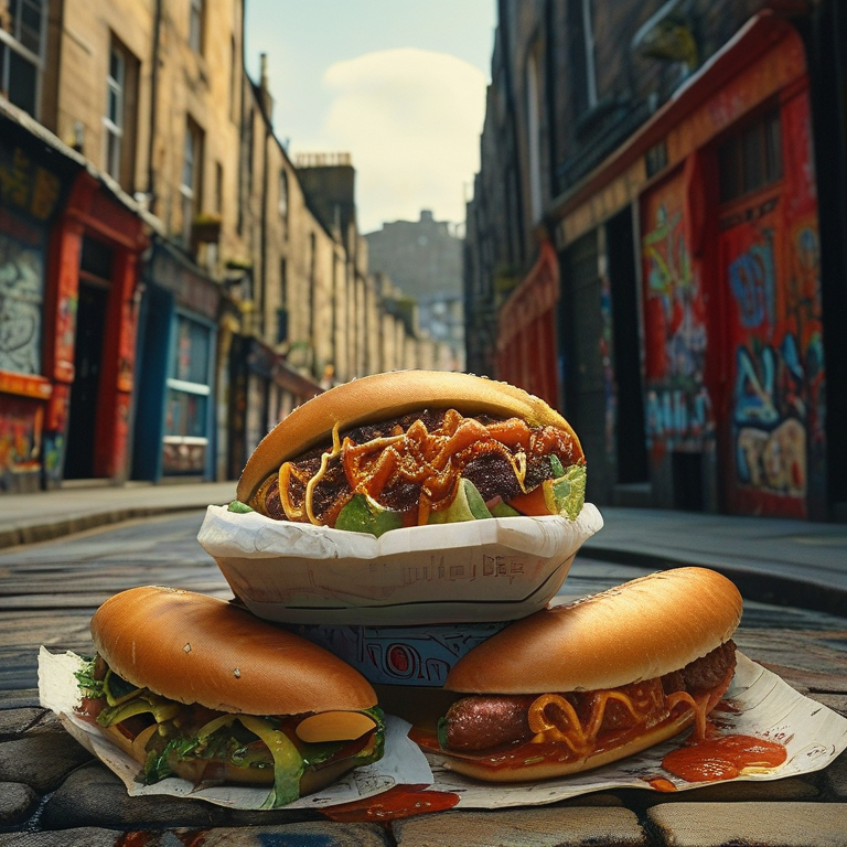 Prompt: Fat people enjoying burritos, bustling dirty backstreet in Edinburgh, gritty urban atmosphere, cobblestone pavement, faded brick buildings covered in graffiti, warm yet low lighting casts shadows, sumptuous colors of burritos contrasted against dull surroundings, authentic street food vibe, captures joy and indulgence, 4K, ultra-detailed.