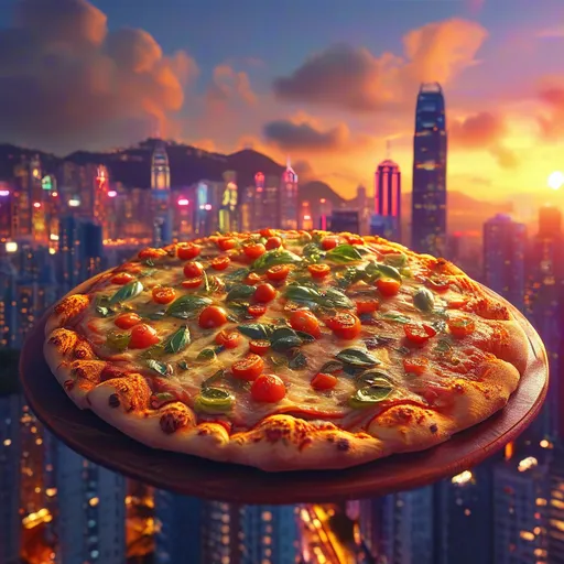 Prompt: infinite pizza, set in a bustling Hong Kong skyline, vivid neon lights illuminating the scene, mouth-watering toppings on an endless pizza, surreal urban environment, vibrant colors, playful atmosphere, high-rise buildings in the background, clouds drifting in a twilight sky, ultra-detailed, cinema-grade quality, capturing the whimsy of an imaginative culinary adventure.