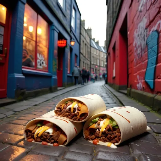 Prompt: Fat people enjoying burritos, bustling dirty backstreet in Edinburgh, gritty urban atmosphere, cobblestone pavement, faded brick buildings covered in graffiti, warm yet low lighting casts shadows, sumptuous colors of burritos contrasted against dull surroundings, authentic street food vibe, captures joy and indulgence, 4K, ultra-detailed.