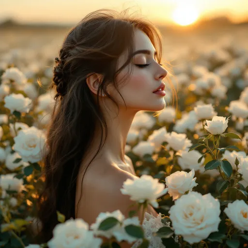 Prompt: Beautiful young woman surrounded by lush white roses, long dark hair cascading down, sunset lighting casting a warm glow, romantic atmosphere, delicate petals soft against her skin, peaceful rose field stretching into the horizon, ethereal, dreamy vibe, vibrant flowers contrasting against the dusky background, ultra-detailed, high definition, floral wonderland filled with tranquility and beauty.