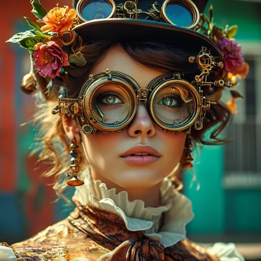 Prompt: Happy young woman, (steampunk aesthetic), vibrant New Orleans background, intricate mechanical designs, brass and copper accents, lush greenery, colorful Victorian architecture, cheerful expression, stylish steampunk attire, vintage goggles, bright sunlight casting warm shadows, festive atmosphere, with hints of jazz and culture, high detail, ultra-detailed, 4K resolution.