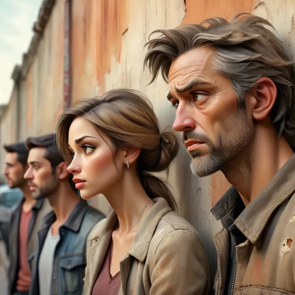 Prompt: realistic illustration, (faded) 1:1 scale drawing, shabby wall, side of the road, group of men with expressions of admiration, eyes focused on a woman, (profile view of the woman), textured wall surface, urban atmosphere, warm hues, evocative details in expressions, high-quality artwork, captivating moment.