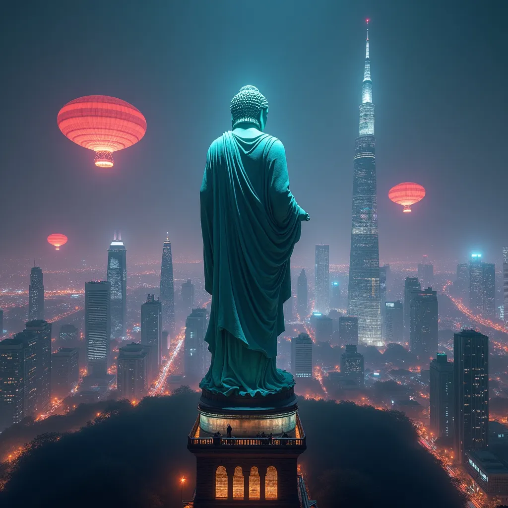 Prompt: Front view of huge adian statue of liberty buddha overlooking a very high skyscapers full of neons Tokyo in the gritty dark future at night full of zeppelins in the sky