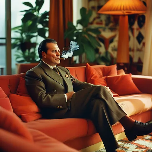 Prompt: Ceausescu (content expression), relaxed and happy, lounging on a plush couch, smoking a cigar, 1970s penthouse setting, vibrant retro decor, warm color tones, soft lighting, stylish furnishings, vintage wallpaper, ultra-detailed, inviting atmosphere, nostalgic vibe, capturing the essence of luxury from the era.