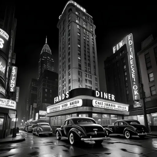 Prompt: (black and white) fish eye view, high-rise skyscraper with a vintage fast food diner on top, dark noir atmosphere reflecting 1930s New York, deep shadows and dramatic lighting, intricate architectural details, moody ambiance, bustling cityscape below, vintage neon signs flickering, ultra-detailed, cinematic composition, evocative of classic noir films.