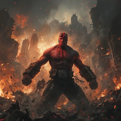 Prompt: Hellboy engaged in an epic battle, apocalyptic cityscape with crumbling buildings, fire-lit sky, dramatic shadows, intense emotions, bold reds and blacks dominating the color palette, swirling smoke enveloping the scene, detailed facial expression showcasing determination, high action pose, cinematic lighting, ultra-detailed textures, atmospheric chaos, showcasing devastation and heroism, inspiring atmosphere, 4K resolution.