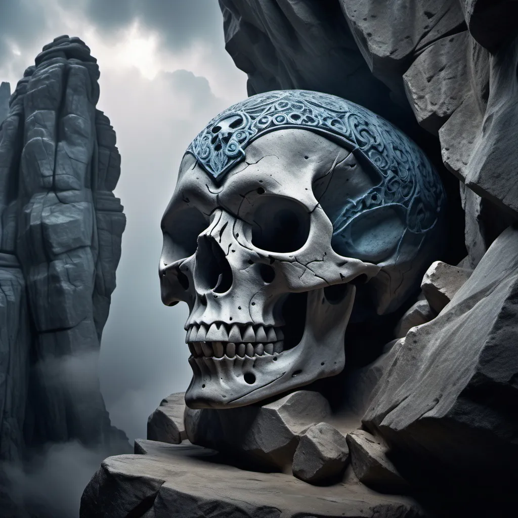 Prompt: A (huge, intricate skull carved into a rugged stone mountain), dramatic lighting casting deep shadows, (highly detailed textures of stone and rock formations), surreal atmosphere surrounding the sculpture, misty low clouds adding depth, cool tones of grey and blue, evoking a sense of mystery and ancient artistry, 4K, ultra-detailed, breathtaking scenery.