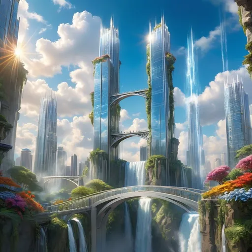 Prompt: Majestic city in the sky, soaring architecture with gleaming silver towers and vibrant gardens, set against a backdrop of fluffy, white clouds and a brilliant blue sky. Ethereal bridges connect buildings, cascading waterfalls shimmer under warm sunlight, creating a serene and dreamlike atmosphere. Ultra-detailed, high-definition visual with a sense of wonder and magic.