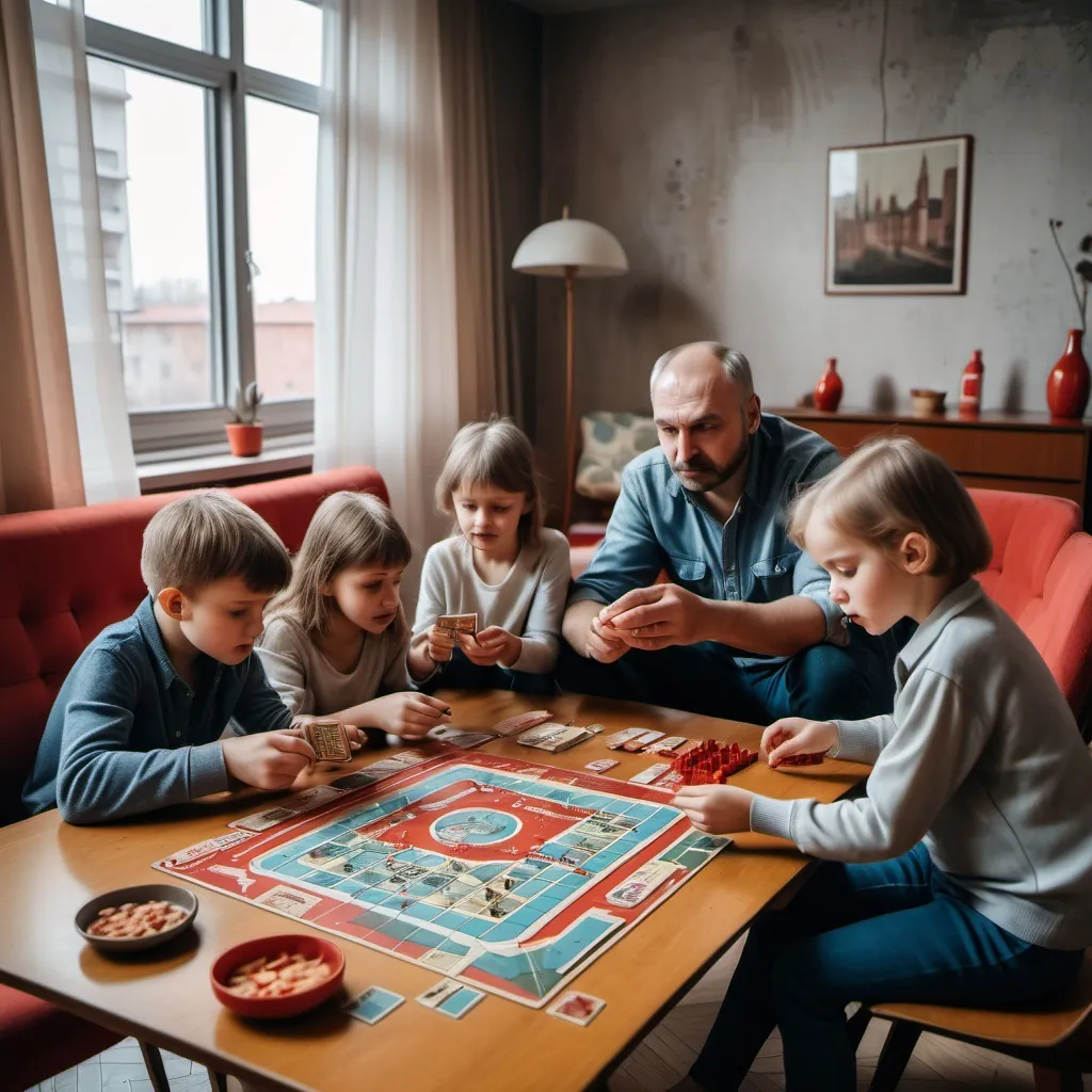 Prompt: Family playing soviet board game  and eating food in brutalist communist city living room