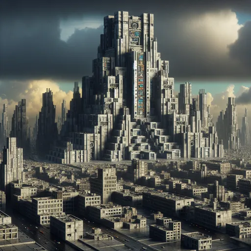 Prompt: brutalist communist skyline, (tower of Babel) towering structure, stark concrete textures, vivid industrial details, moody atmosphere, gray clouds overhead, dramatic shadows, urban decay aesthetic, high contrast lighting, futuristic elements blended with classic architecture, (ultra-detailed) showcasing the overwhelming scale and complexity of the city, (4K) quality artisan rendering of this unique environment.