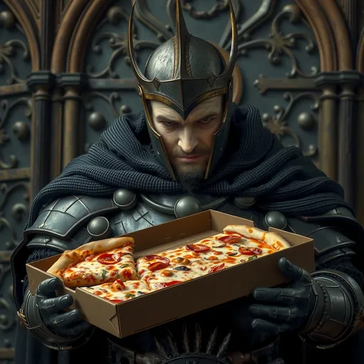 Prompt: (Vlad the Impaler), medieval figure, wearing dark armor, dramatic expression, holding a pizza box, (one slice missing), vivid details in the pizza toppings, eerie atmosphere, muted colors creating a grim yet humorous mood, rich textures highlighting historical elements and modern food, ornate background with gothic architecture, (4K, ultra-detailed).