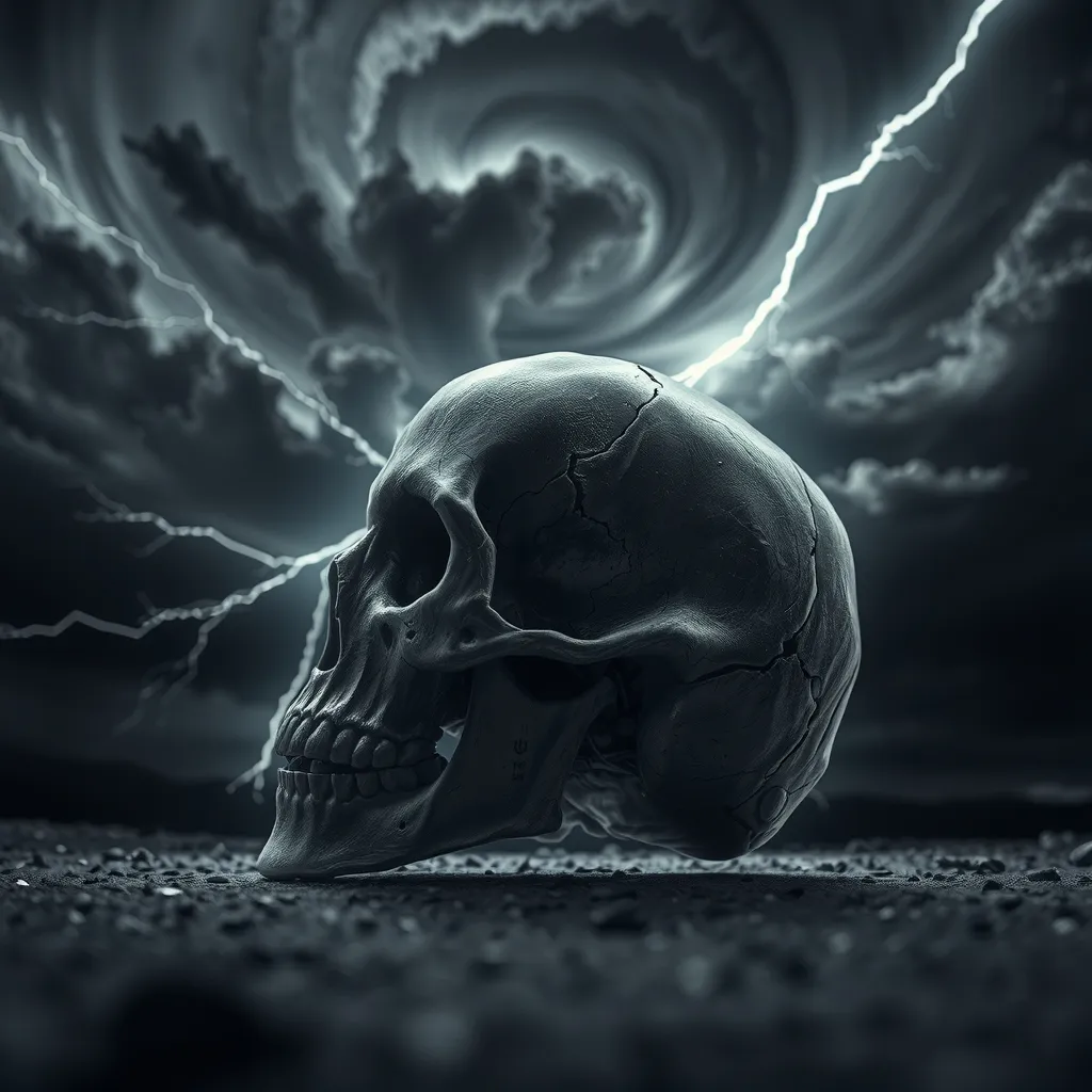 Prompt: Side view of a (cracked skull), dramatic stormy clouds swirling in the background, lightning illuminating the scene, dark monochromatic palette with flashes of white energy, surreal atmosphere filled with tension and unease, foreground detail showcasing sharp textures of the skull, (4K ultra-detailed) visual quality enhancing the eerie contrast between the organic and the chaotic forces of nature.