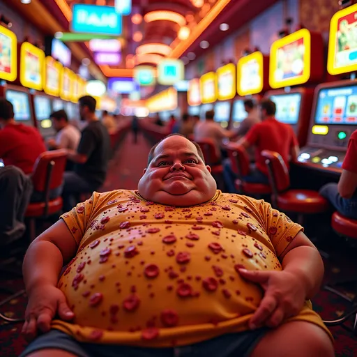 Prompt: (fish-eye view), (Fear and Loathing in Las Vegas style), fat man in casino, indulging in pizza, vibrant neon lights, chaotic and surreal atmosphere, bustling gamblers in the background, colorful slot machines, (ultra-detailed) textures, warm and lively color tones, sense of extravagance and decay, (jeff bridges inspired), exaggerated perspectives, cinematic energy.