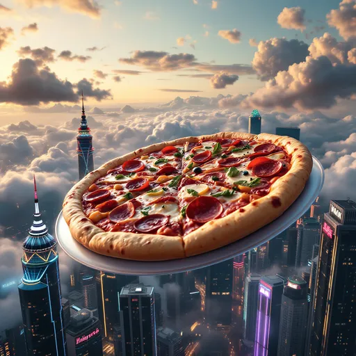 Prompt: infinite pizza, set in a bustling Hong Kong skyline, vivid neon lights illuminating the scene, mouth-watering toppings on an endless pizza, surreal urban environment, vibrant colors, playful atmosphere, high-rise buildings in the background, clouds drifting in a twilight sky, ultra-detailed, cinema-grade quality, capturing the whimsy of an imaginative culinary adventure.
