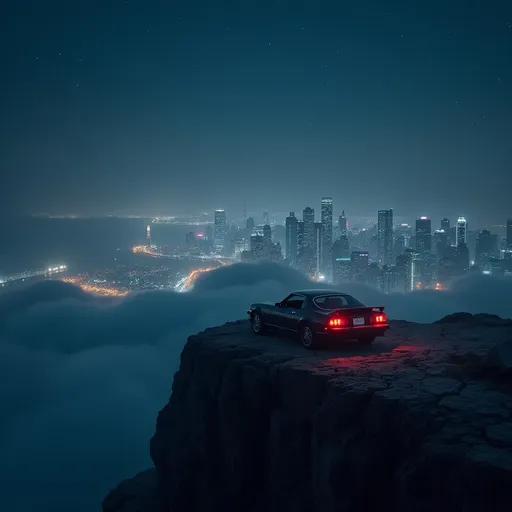 Prompt: (car at night on the edge of a cliff), (infinite city skyline), illuminated lights, dramatic shadows, starry sky, cool tones, foggy atmosphere, exquisite detail, high contrast, cinematic composition, tranquil yet awe-inspiring ambiance, reflectivity of car surface, ultra-detailed, breathtaking perspective, dreamlike feel, adventurous spirit, 4K.