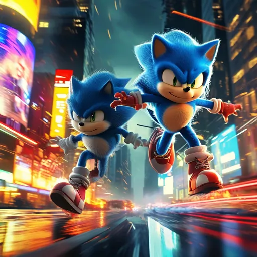 Prompt: (Sonic and Shadow in high-speed chase), dynamic action scene, vibrant colors, (fast-paced motion), bustling Times Square background, neon lights illuminating the surroundings, dramatic perspective showcasing speed, excited bystander reactions, details on iconic billboards, ultramodern art style, (4K resolution), immersive atmosphere of adrenaline and thrill.