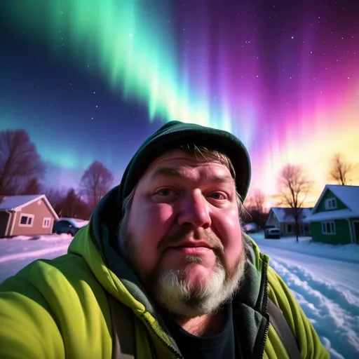 Prompt: Selfie of a (fat homeless man), set in a tranquil neighborhood, (colorful aurora borealis) illuminating the night sky, (soft ambient light) reflecting in the surroundings, capturing a moment of solitude and hope, (vivid colors), (highly detailed), (emotionally evocative), (4K quality).