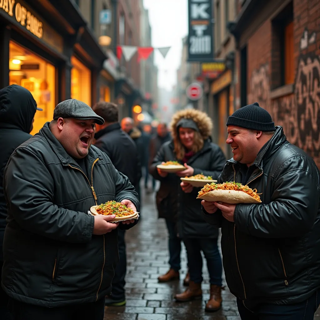 Prompt: Fat people enjoying burritos, bustling dirty backstreet in Edinburgh, gritty urban atmosphere, cobblestone pavement, faded brick buildings covered in graffiti, warm yet low lighting casts shadows, sumptuous colors of burritos contrasted against dull surroundings, authentic street food vibe, captures joy and indulgence, 4K, ultra-detailed.