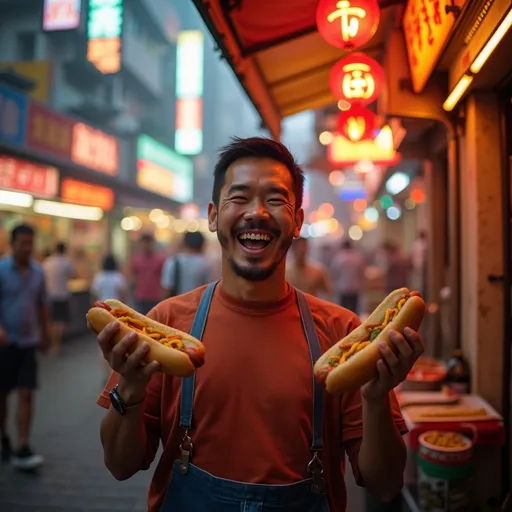 Prompt: (A joyful man holding a hotdog in each hand), bustling Kowloon backdrop, vibrant colors, abundant street life and neon lights, warm lighting casting playful shadows, ultra-detailed realism, capturing an atmosphere of excitement and culinary delight, energetic ambiance, lively street scenes with distinct cultural elements, 4K quality.