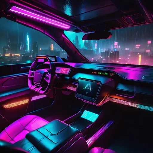 Prompt: First-person view inside a futuristic car, Blade Runner-inspired atmosphere, neon glows reflecting on sleek interiors, rain-soaked windows enhancing the moody ambiance, cyberpunk cityscape visible outside, ultra-detailed dashboard with holographic display, vibrant colors contrasting with dark tones, intense and gripping vibe, high quality, cinematic depth, immersive experience.