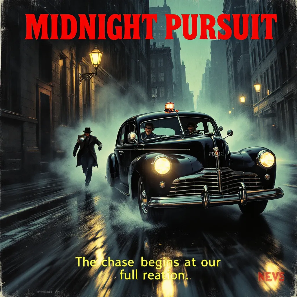 Prompt: An old movie poster featuring a poloce chace Alfred Hitchock style
