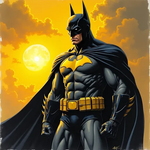 Prompt: (pencil drawing), Batman, black and yellow design, dramatic sunset backdrop, vibrant contrasts of warm yellows and deep blacks, shadowy outlines emphasizing the superhero's muscular form, sunset hues casting an intense glow, mood of action and heroism, highly detailed, 4K, visually striking composition.