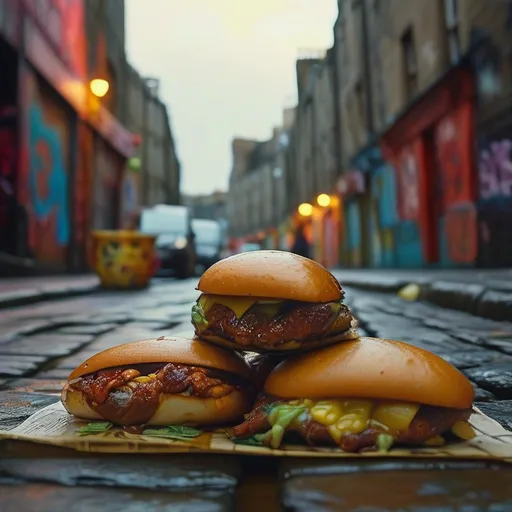 Prompt: Fat people enjoying burritos, bustling dirty backstreet in Edinburgh, gritty urban atmosphere, cobblestone pavement, faded brick buildings covered in graffiti, warm yet low lighting casts shadows, sumptuous colors of burritos contrasted against dull surroundings, authentic street food vibe, captures joy and indulgence, 4K, ultra-detailed.