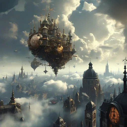 Prompt: Majestic city in the sky, steampunk architecture with soaring towers, intricate gears and brass elements, shrouded in mist, nostalgic retro 1910 vibe, rich black and white contrast, ethereal clouds floating around, high depth cinematic masterpiece, ultra-detailed, grand atmosphere evoking wonder and adventure.