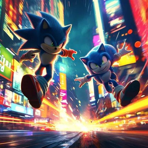 Prompt: (Sonic and Shadow in high-speed chase), dynamic action scene, vibrant colors, (fast-paced motion), bustling Times Square background, neon lights illuminating the surroundings, dramatic perspective showcasing speed, excited bystander reactions, details on iconic billboards, ultramodern art style, (4K resolution), immersive atmosphere of adrenaline and thrill.