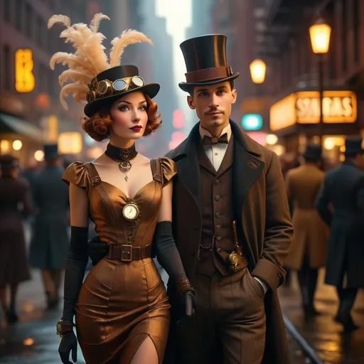 Prompt: New Year's Eve celebration (in a 30s steampunk dark noir) New York City, vintage style, enchanting atmosphere, warm golden hues contrasted against deep shadows, bustling streets filled with elegantly dressed figures and illuminated storefronts, hints of mechanical inventions and art deco elements, smoky air drifting through the night, high detail, cinematic quality, 4K resolution.