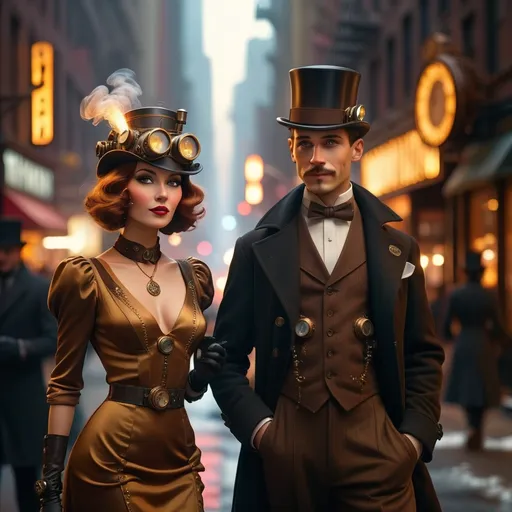 Prompt: New Year's Eve celebration (in a 30s steampunk dark noir) New York City, vintage style, enchanting atmosphere, warm golden hues contrasted against deep shadows, bustling streets filled with elegantly dressed figures and illuminated storefronts, hints of mechanical inventions and art deco elements, smoky air drifting through the night, high detail, cinematic quality, 4K resolution.