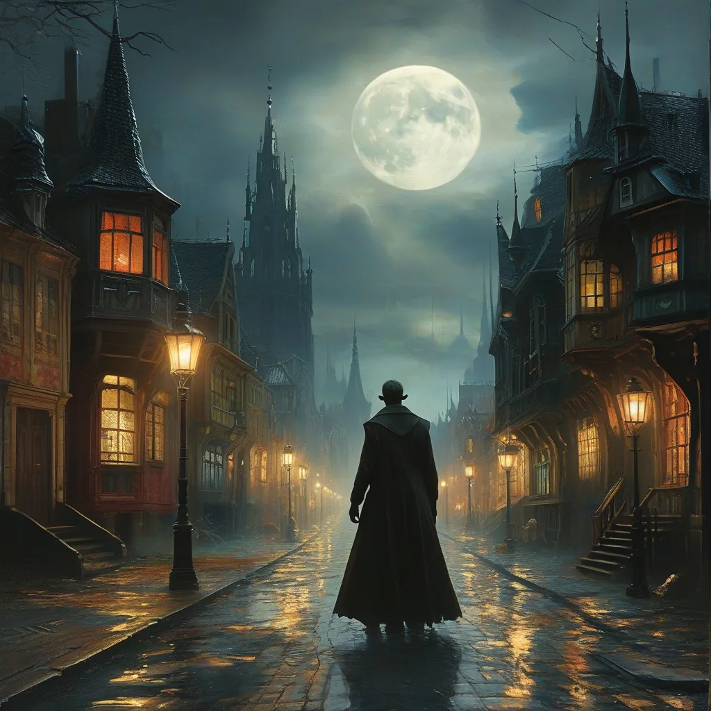 Prompt: Nosferatu (vampire-like figure), 1800s German cityscape, gothic architecture, dimly-lit cobblestone streets, mist rising, eerie ambiance, haunting shadows, moonlit night sky, traditional clothing styles of the era, sense of foreboding, atmospheric lighting, sepia tones, ultra-detailed, high-quality, mysterious mood, historical accuracy.