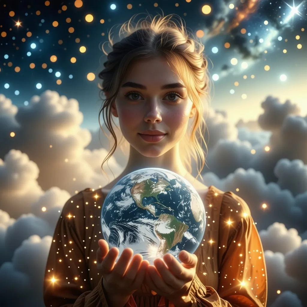 Prompt: A young woman (holding the world in her hands), softly illuminated by warm, ethereal light, with an expression of hope and wonder, surrounded by a dreamy, celestial background filled with stars and clouds, emphasizing her connection to the universe, ultra-detailed, HD, conveying a sense of empowerment and responsibility.