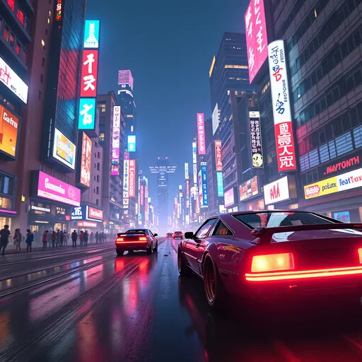 Prompt: (Grand Theft Auto Online concept), dynamic urban landscape, neon lights illuminating the streets at night, action-packed scene, vivid colors, high-energy atmosphere, chaotic traffic, vibrant nightlife, cool tones, ultra-detailed graphics, street art accents, characters racing, futuristic vehicles, bustling city backdrop, adrenaline-fueled excitement, photorealistic rendering, 4K quality.